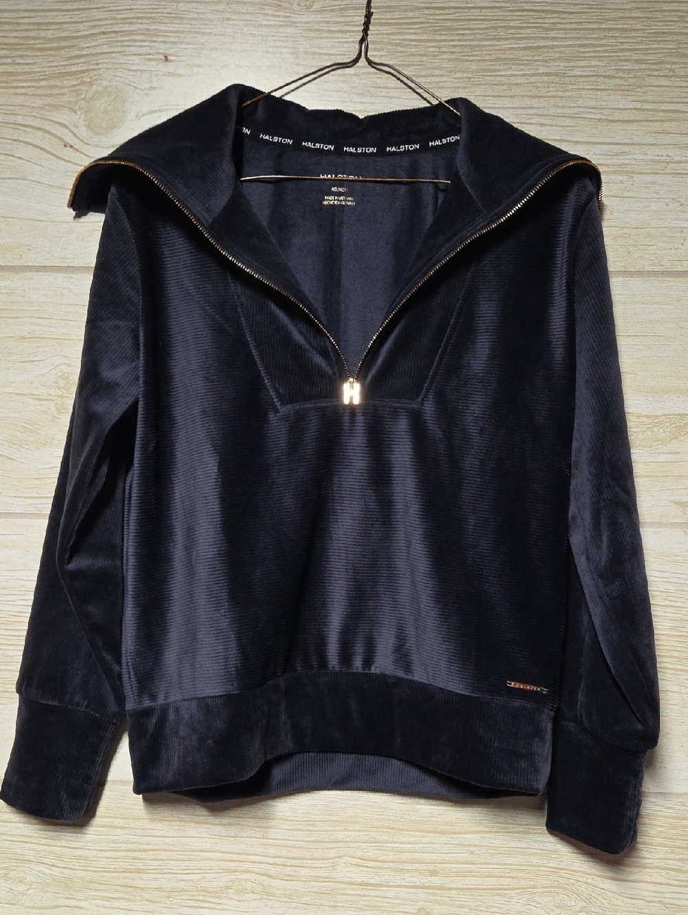 H by Halston Black Velour Half-Zip Hoodie with Gold Hardware